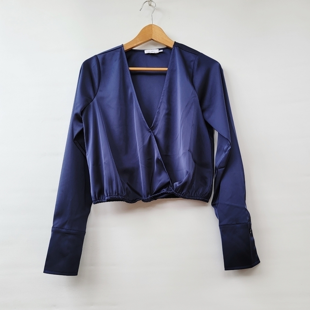Good American Long Sleeve Stretch Satin Faux Wrap Top Womens XS Navy Blue French